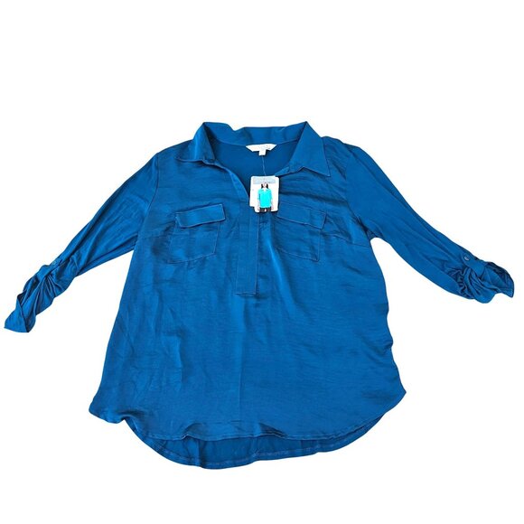 Company Ellen Tracy Sz L Enamel Blue Long Sleeve Roll Tab Blouse Lightweight NWT - Picture 5 of 14